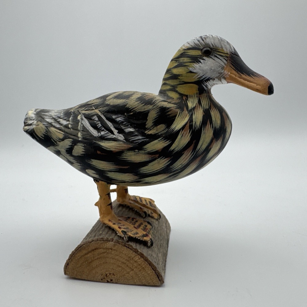 Hand Carved Hand Painted Gadwall Duck Standing on Raw Wood Sculpture Figurine
